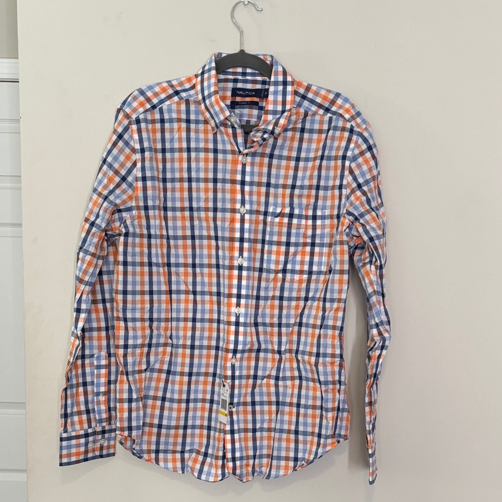 Nautica Men's Orange and Blue Plaid Shirt